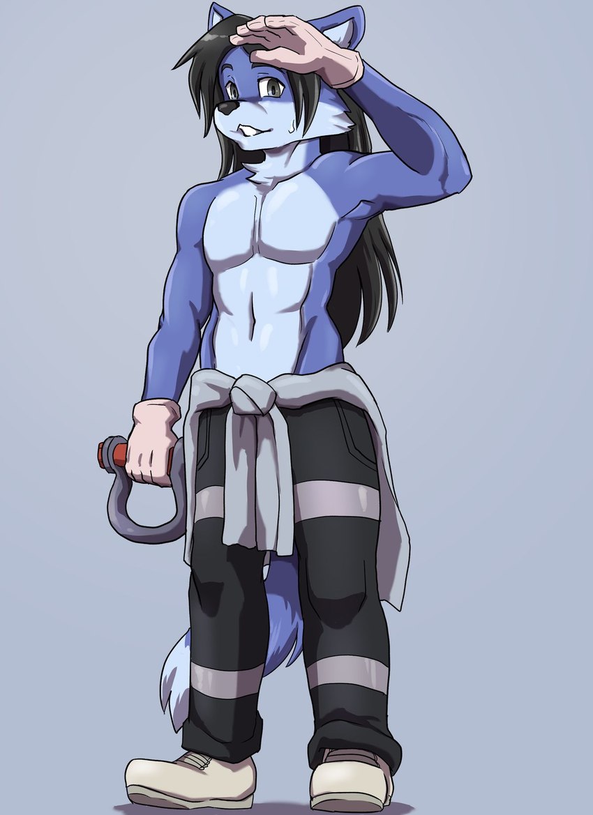 anthro black_hair black_nose blue_background blue_body blue_fur bodily_fluids clothed clothing dipstick_tail footwear fur gloves hair handwear male markings navel shoes simple_background solo sweat sweatdrop tail tail_markings topless daigaijin zaki_vastall_(zakiv) canid canine fox mammal 2023 hi_res