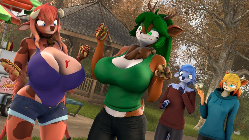 anthro antlers big_breasts blue_body blue_hair bottomwear braided_hair braided_ponytail breasts cleavage clothed clothing cowbell female food green_hair group hair hoodie horn hot_dog huge_breasts mature_female neck_tuft one-piece_swimsuit outside park ponytail red_body red_hair revamped_anthros shorts slightly_chubby slightly_chubby_female sweater swimwear topwear tuft veggie_dog donglysfm fireberry_(donglysfm) freya_(donglysfm) heidi_(donglysfm) tea_tree_(donglysfm) bovid bovine cattle deer mammal 16:9 3d_(artwork) 4k absurd_res digital_media_(artwork) hi_res source_filmmaker_(artwork) widescreen daughter_(lore) mother_(lore) mother_and_child_(lore) mother_and_daughter_(lore) parent_(lore) parent_and_child_(lore) parent_and_daughter_(lore)