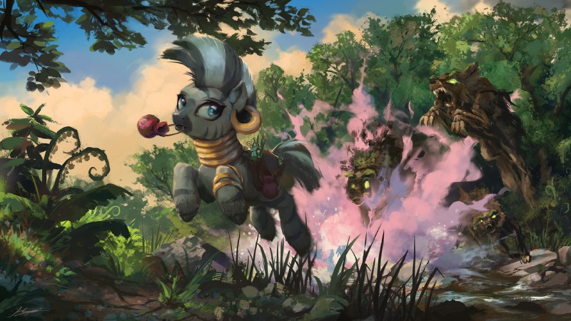 blue_eyes detailed_background ear_piercing female feral forest gold_(metal) group nature neck_ring outside piercing plant running stripes tree huussii friendship_is_magic hasbro my_little_pony zecora_(mlp) equid equine mammal timberwolf_(mlp) zebra 16:9 2016 digital_media_(artwork) hi_res widescreen