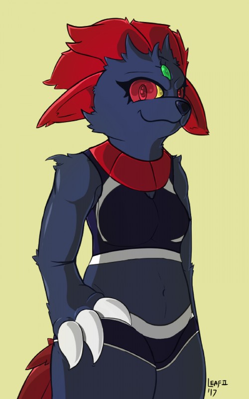 anthro anthrofied blue_body blue_fur blue_nose bra breasts claws clothing female fur hair hand_on_hip medium_breasts orb pokemorph red_ears red_eyes red_hair solo topwear underwear kawfee nintendo pokemon generation_4_pokemon pokemon_(species) weavile 5:8 cel_shading digital_media_(artwork) hi_res shaded