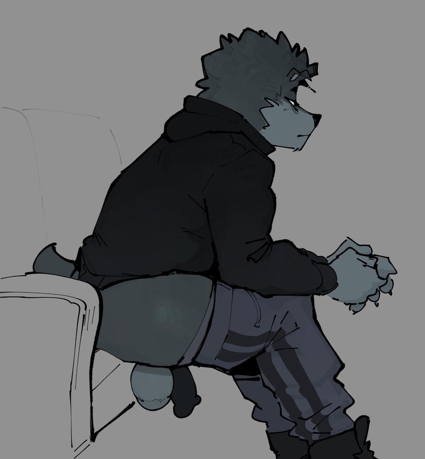 anthro balls biped black_penis clothing flaccid fur genitals grey_body grey_fur heavy_penis hoodie male penis penis_tuck side_view sitting solo topwear goonie-san goon_(goonie_san) canid canine canis domestic_dog mammal hi_res