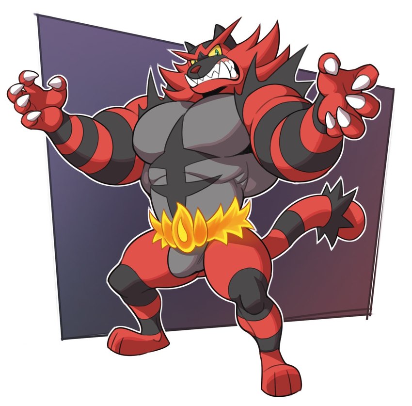 abs anthro barefoot belt biceps bulge claws clenched_teeth detailed_bulge fangs feet fire fire_belt genital_outline green_eyes male muscular muscular_anthro muscular_male pecs penis_outline pose red_body red_nose simple_background solo standing stripes teeth wrestler analon_(artist) nintendo pokemon generation_7_pokemon incineroar pokemon_(species) 2019 hi_res