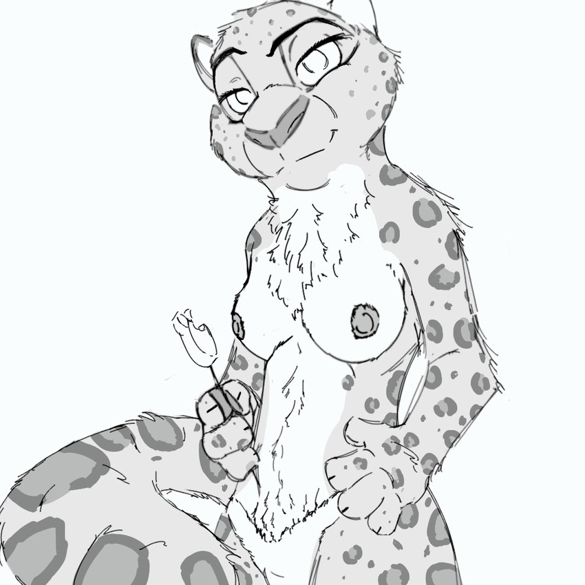 4_fingers anthro breasts clothed clothing countershading female fingers food fur holding_food holding_object looking_at_viewer markings nipples pawpads pawpsicle popsicle simple_background solo spots spotted_body spotted_fur swimwear topless topless_female thermite disney zootopia fabienne_growley felid mammal pantherine snow_leopard 1:1 digital_drawing_(artwork) digital_media_(artwork) monochrome