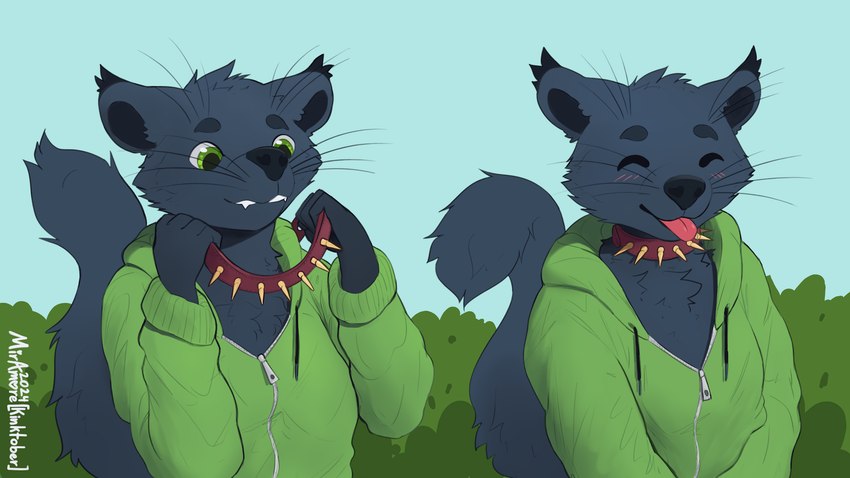 ambiguous_gender anthro blep clothing collar collaring cute_fangs fangs fluffy_ears fur green_eyes hoodie simple_background solo spiked_collar spikes tail teeth tongue tongue_out topwear tuft miramore kinktober kinktober_2024 binturong mammal viverrid 16:9 digital_media_(artwork) hi_res widescreen