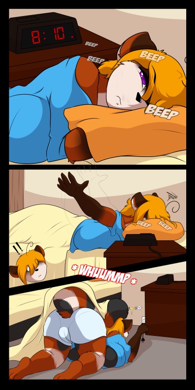 alarm_clock bottomwear breasts bulge butt clock clothing furgonomics gynomorph intersex shorts under_boob cainesart raina_(dfstarfield) ailurid mammal red_panda 1:2 absurd_res comic hi_res