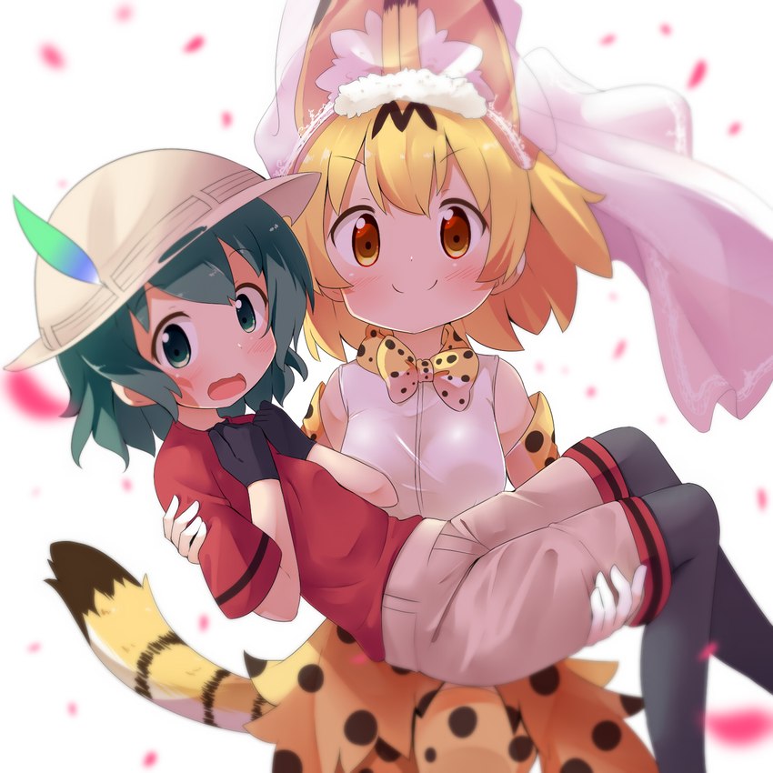 adolescent bottomwear clothed clothing dress duo feathers female female/female gloves handwear hat headgear headwear simple_background skirt tail tail_under_skirt wedding wedding_veil young makuran kemono_friends kaban-chan serval-chan animal_humanoid felid feline human humanoid mammal serval 1:1 hi_res