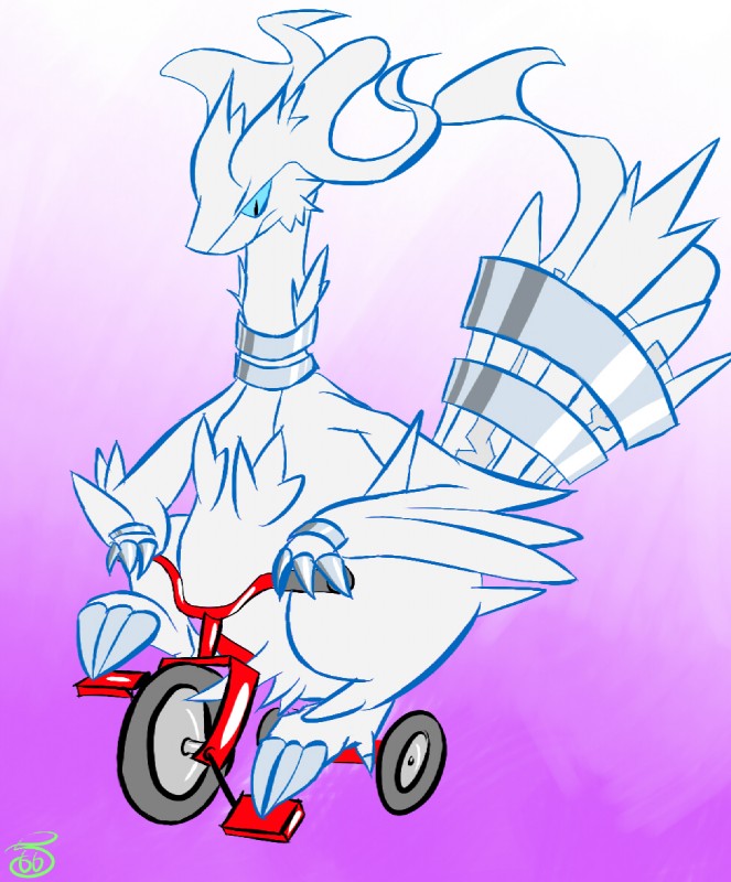 ambiguous_gender blue_sclera claws eyebrows gradient_background pupils simple_background slit_pupils solo toe_claws tricycle vehicle conditional_dnp klaide nintendo pokemon generation_5_pokemon legendary_pokemon pokemon_(species) reshiram signature