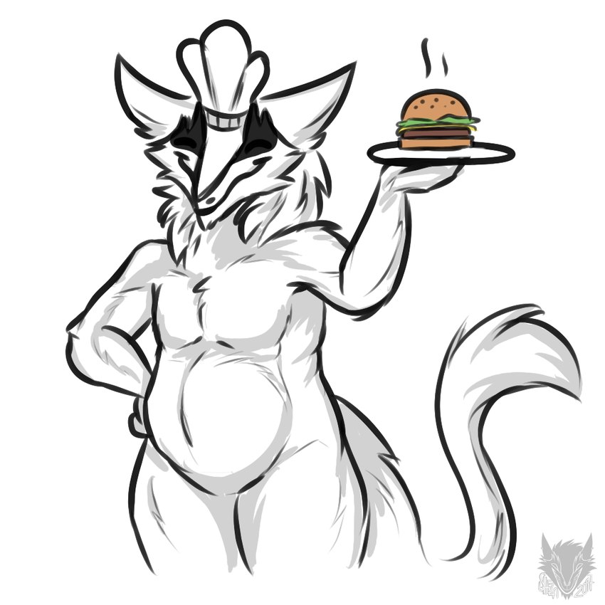 anthro burger chef_hat clothing eyes_closed food hand_on_hip hat headgear headwear male smile solo standing tail tail_tuft tuft shysa-the-sergal dachu_(dachubaisalis) sergal 1:1