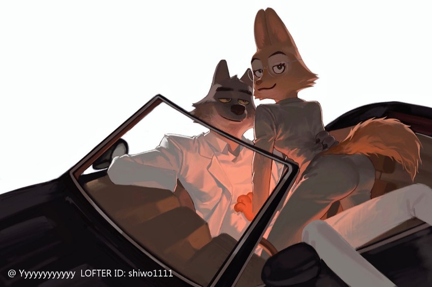 anthro butt canon_couple clothing dashboard duo eyewear female fur glasses grey_body grey_fur humanoid_pointy_ears larger_male male male/female orange_body orange_fur pointy_ears romantic romantic_couple simple_background size_difference smug smug_face suit dreamworks the_bad_guys diane_foxington mr._wolf_(the_bad_guys) canid canine canis cannie fox mammal wolf