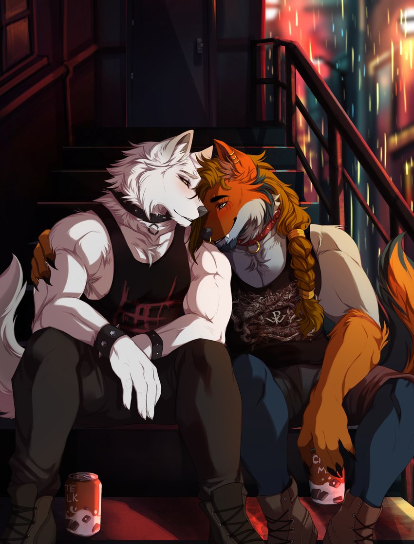 abs alternative_fashion anthro athletic biped candy chocolate chocolate_milk claws clothed clothing collar dessert duo facial_piercing flavored_milk food fur grey_body hair male male/male milk multicolored_body multiple_piercings muscular muscular_anthro muscular_male nose_piercing nose_ring partially_clothed piercing punk ring_piercing romantic romantic_couple shirt sitting smile spiked_collar spikes stairs tank_top topwear yellow_eyes nyaruh powerwolf tennis_ace choky haruki_koizumi canid canine canis domestic_dog husky mammal nordic_sled_dog spitz werecanid werecanine werecreature weredog werehusky wolf absurd_res digital_media_(artwork) hi_res