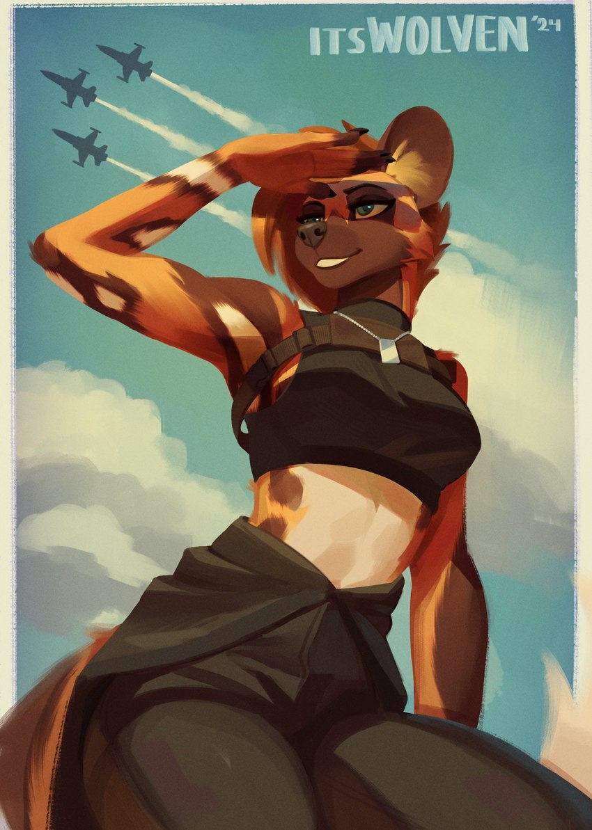 aircraft airplane anthro bottomwear breasts clothed clothing cloud dog_tags female gesture grey_nose jet midriff navel outside pants salute shielding_eyes shirt solo tail topwear vehicle itswolven african_wild_dog canid canine mammal 2024 hi_res