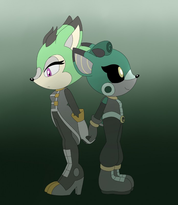 anthro cybernetics duo female gradient_background green_background machine simple_background chocolatechippi archie_comics sega sonic_the_hedgehog_(archie) sonic_the_hedgehog_(comics) sonic_the_hedgehog_(series) cassia_the_pronghorn clove_the_pronghorn cyborg mammal pronghorn hi_res