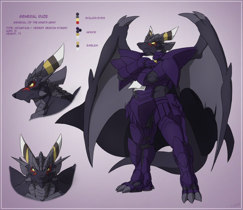 anthro armor biped black_body black_scales black_wings cape clothing color_swatch horn male markings muscular muscular_anthro muscular_male purple_armor scales solo tail text wings zerofox1000 european_mythology mythology ruze dragon mythological_creature mythological_scalie scalie western_dragon 2015 colored english_text model_sheet story story_in_description