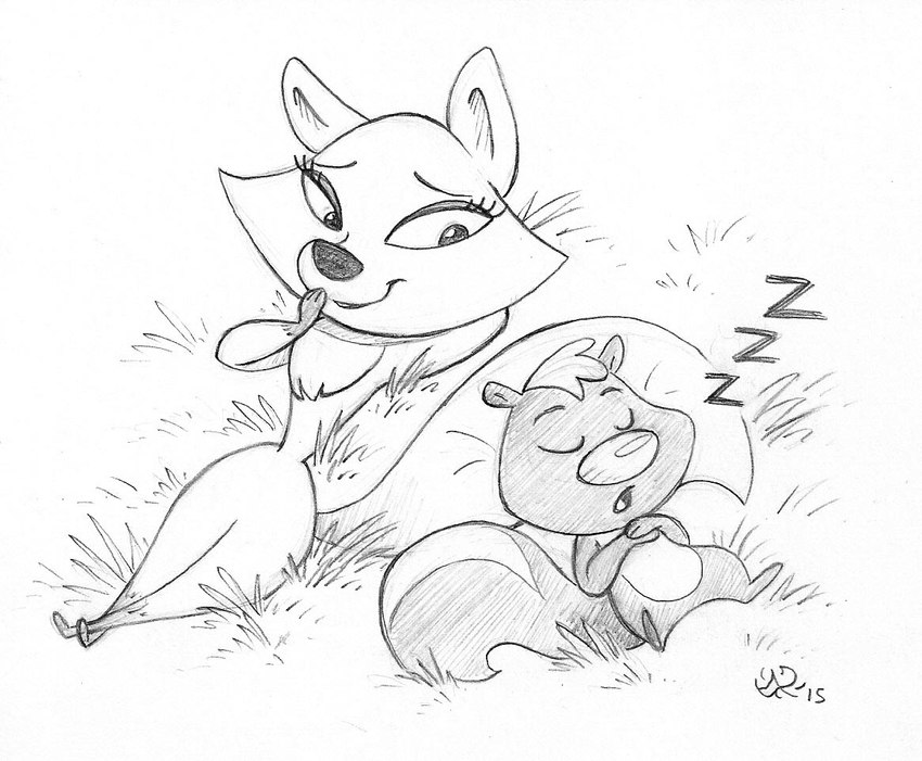 anthro duo female grass looking_at_another looking_down male plant resting_on_partner sleeping sleeping_on_another sleeping_on_ground sleeping_on_partner sleeping_on_tail alexjohnsonart skunk_fu fox_(skunk_fu) skunk_(skunk_fu) canid canine fox mammal mephitid skunk graphite_(artwork) monochrome traditional_media_(artwork)