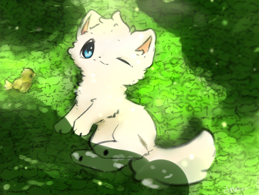 ambiguous_gender blue_eyes blue_sclera duo feral fluffy fluffy_tail fur green_background light nude one_eye_closed paws simple_background smile sunlight tail white_body white_fur snoiifoxxo avian bird canid canine fox mammal 4:3 hi_res