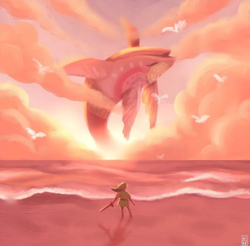 ambient_silhouette ambiguous_gender beach cloud flying_whale gargantuan group lens_flare male seaside silhouette sky skyscape sun mochi_moon nintendo the_legend_of_zelda link windfish ambient_bird ambient_flier avian bird cetacean humanoid hylian mammal marine 2019 hi_res orange_theme shaded signature soft_shading