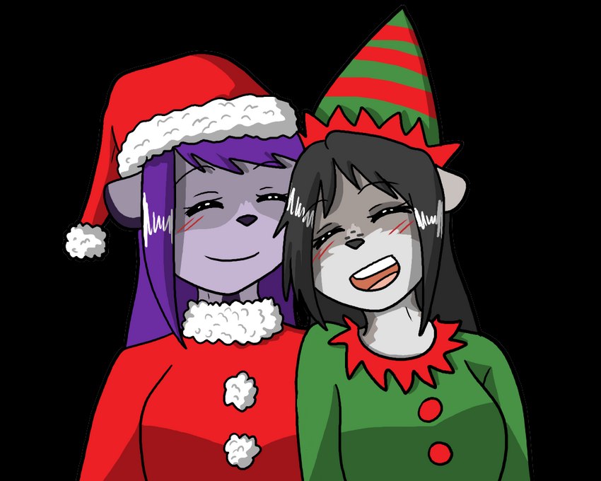 anthro black_hair black_nose breasts christmas_clothing christmas_headwear clothed clothing duo eyes_closed female female/female fur grey_body grey_fur hair hat headgear headwear holidays open_mouth purple_body purple_fur purple_hair santa_hat simple_background transparent_background fiona_(artist) christmas nicole_(xelaaredn) tawney ailurid mammal procyonid raccoon red_panda 5:4 alpha_channel herm_(lore)