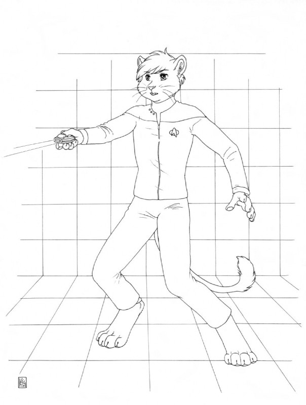 4_toes badge barefoot claws clothing digitigrade energy_beam energy_weapon feet grid holodeck male pawpads phaser solo tail toes uniform weapon zipper kacey star_trek caitian felid lion mammal pantherine 2010 black_and_white hi_res monochrome