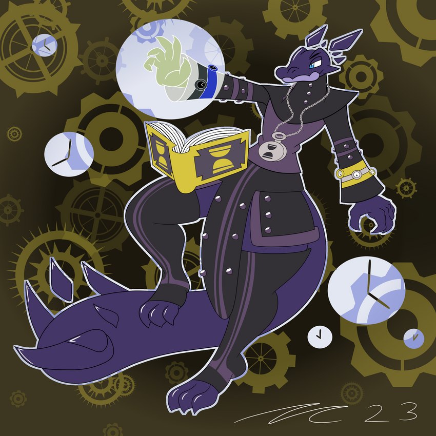 anthro blue_eyes book clock clothing cog floating_horn footwear horn magic magic_user male mouth_closed purple_body purple_skin stopwatch tail toeless_footwear watch mac-daddy mythology dragon mythological_creature mythological_scalie scalie 1:1 absurd_res hi_res