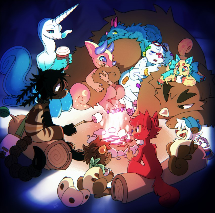 ambiguous_gender anthro campfire feral group holding_tail_up roasting_marshmallow sitting_on_log sleeping tail tail_hug ground-lion bear chimereon mammal