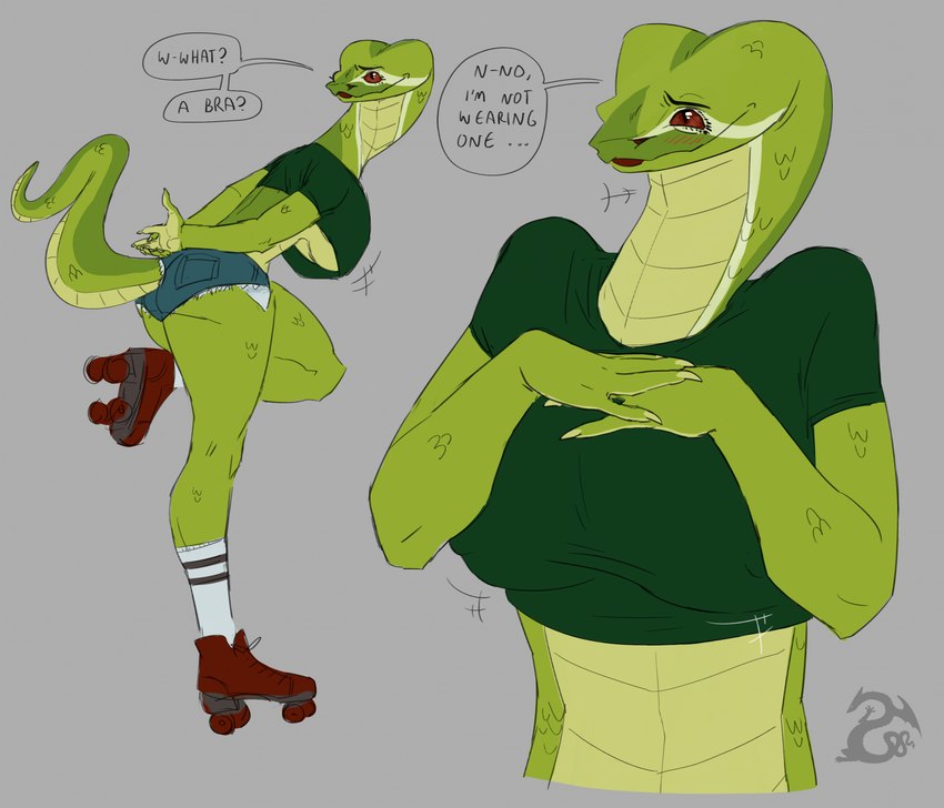 anthro blush breasts butt clothed clothing crop_top female footwear green_body green_scales grey_background hand_on_breast no_bra non-mammal_breasts roller_skates scales shirt simple_background socks solo speech_bubble tail text topwear serpentess reptile scalie snake 2025 english_text hi_res watermark