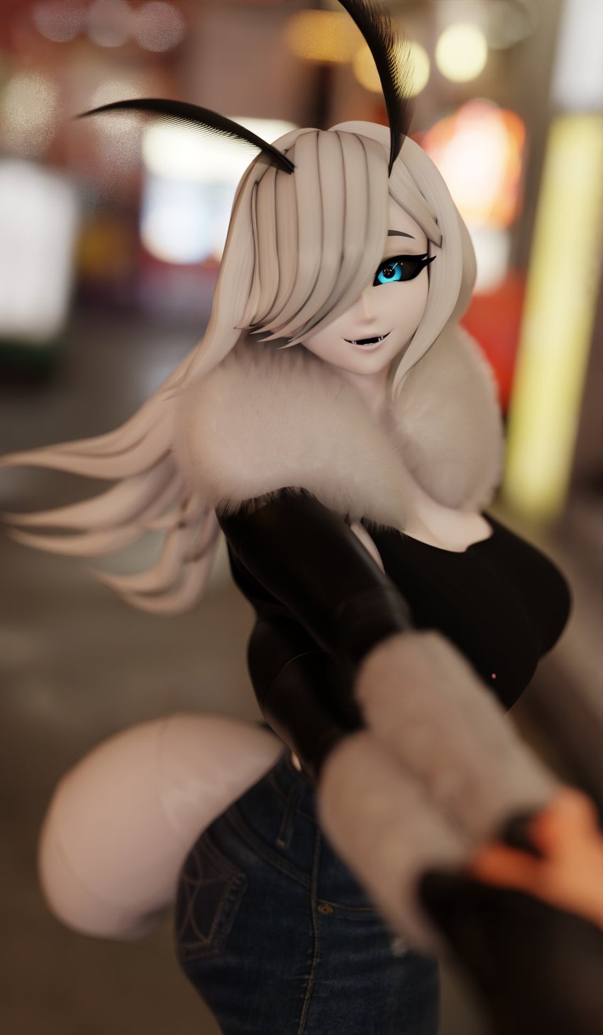 antennae_(anatomy) big_breasts black_sclera blue_eyes blurred_background bottomwear breasts clothing denim denim_bottomwear denim_clothing depth_of_field duo female female_focus first_person_view fur_collar hair hair_over_eye hand_holding jeans long_hair monster_girl_(genre) multi_limb neck_tuft open_mouth pants parted_lips pov_hands smile smiling_at_viewer solo_focus tail tuft white_hair samzan jess_tou_hun_(samzan) animal_humanoid arthropod arthropod_humanoid humanoid insect insect_humanoid lepidopteran lepidopteran_humanoid moth_humanoid 3d_(artwork) blender_(artwork) digital_media_(artwork) hi_res