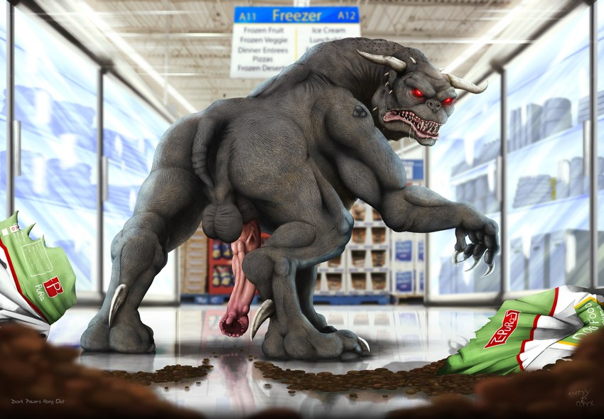 4_toes animal_genitalia anus balls barely_visible_anus big_balls big_penis bodily_fluids butt claws detailed_background digitigrade dog_food drooling feet feral genitals glowing glowing_eyes grey_body grey_skin grocery_store hairless half-erect heel_spike horn inside looking_at_viewer looking_back male muscular muscular_feral muscular_legs muscular_male nubbed_penis open_mouth pawpads paws penis perineum pet_food quadruped raised_leg realistic rear_view red_eyes reflection saliva sharp_teeth sheath solo spikes spikes_(anatomy) teeth toe_claws toes unusual_anatomy unusual_genitalia unusual_penis urethra smexyoryx ghostbusters vinz_clortho_(ghostbusters) canid canid_demon demon mammal terror_dog absurd_res digital_media_(artwork) hi_res