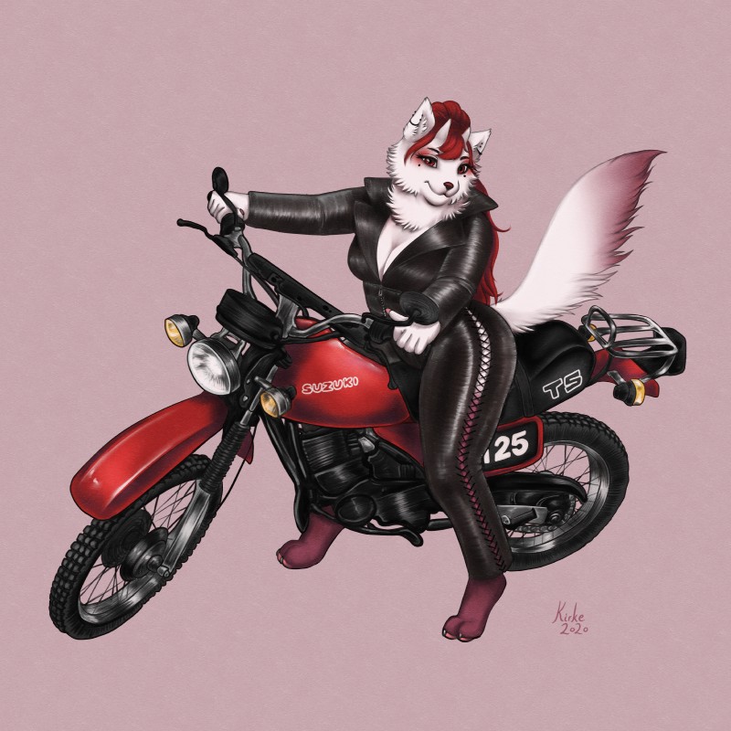 biker bottomwear breasts cleavage clothed clothing cycle dirt_bike female hair jacket leather leather_bottomwear leather_clothing leather_jacket leather_pants leather_topwear looking_at_viewer motorcycle pants red_hair retro simple_background smile solo tail topwear vehicle vintage kirkesan suzuki miyumi domestic_cat felid feline felis maine_coon mammal 1:1 absurd_res digital_media_(artwork) hi_res