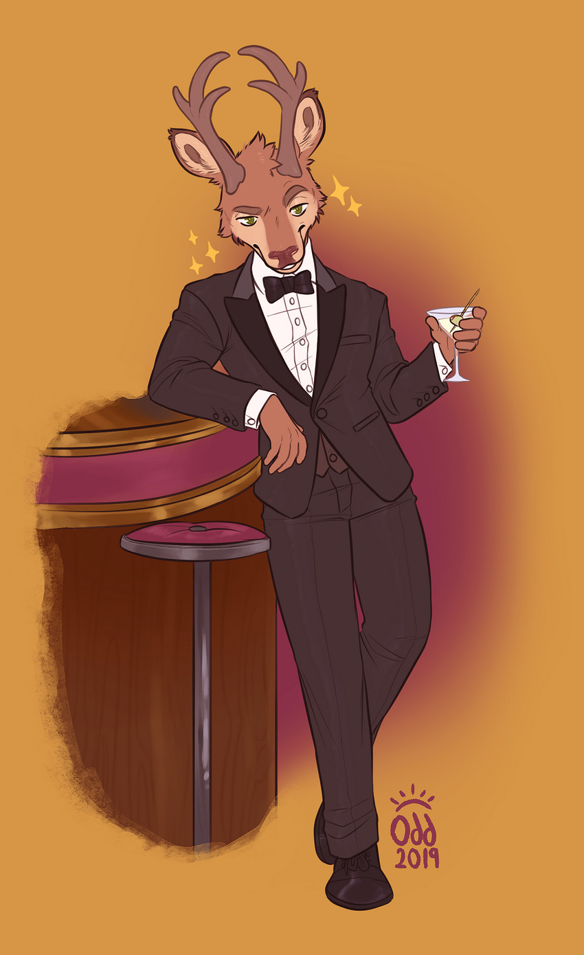 alcohol anthro antlers bar_counter bar_stool beverage black_tie_(suit) brown_body brown_eyebrows brown_fur classy clothed clothing counter dress_shirt dress_shoes eyebrows footwear fur furniture green_eyes horn male olive_eyes shirt shoes simple_background smile solo stool suit table teeth topwear oddthesungod sharlow deer mammal hi_res