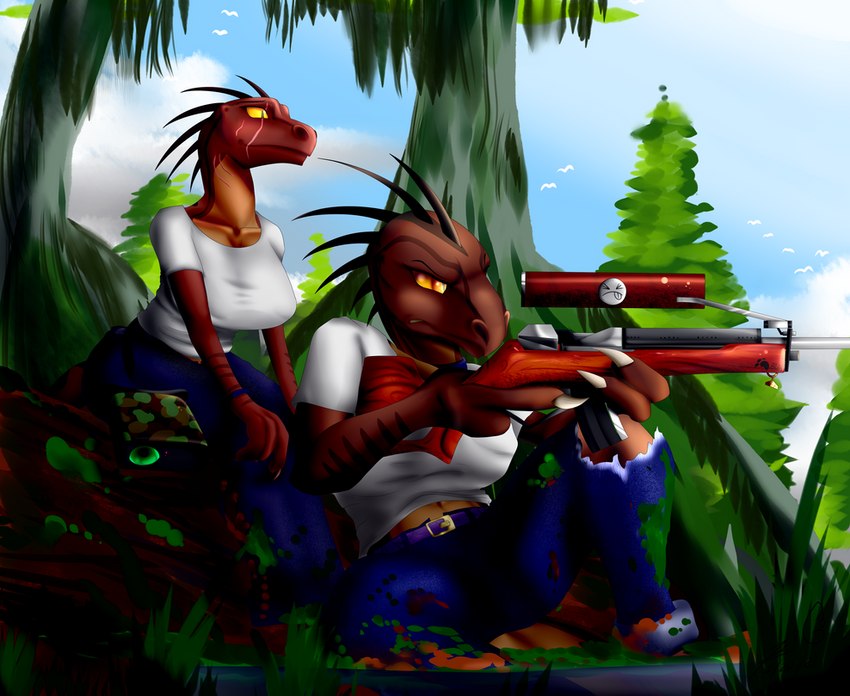 anthro clothing duo everglades female gun hunting hunting_rifle mini-14 nature outside ranged_weapon rifle swamp weapon blueondrive rift_seekers_saga shaaux_kautner zahra_borngen dinosaur dromaeosaurid prehistoric_species reptile scalie theropod velociraptor