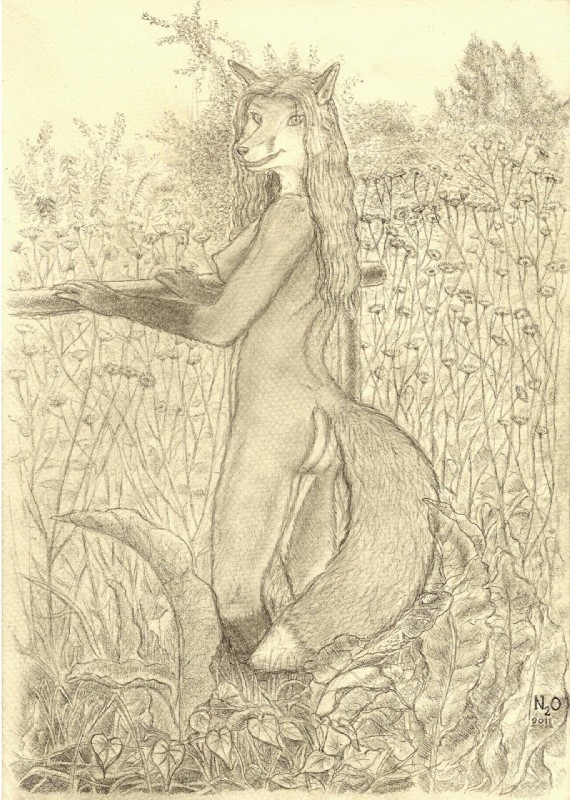 anthro biped dipstick_tail female hair long_hair looking_at_viewer markings multicolored_tail nude outside raethe side_view solo standing tail tail_markings wharton william_wharton n2o canid canine fox mammal hi_res monochrome sepia