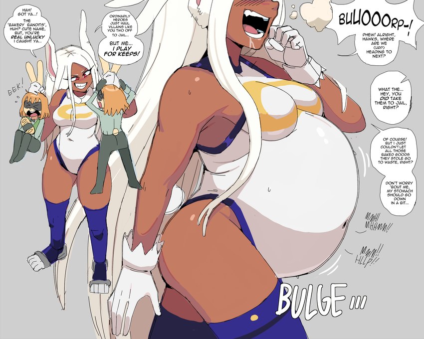 abdominal_bulge blonde_hair blush bodysuit breasts burp_cloud burping clothing dark_body dark_skin digestion female gloves hair handwear legwear murderer open_mouth pupils red_pupils side_boob skinsuit stockings text tight_clothing tongue vore white_bodysuit white_clothing white_gloves white_hair white_handwear white_skinsuit lewdlemage my_hero_academia rumi_usagiyama humanoid lagomorph mammal 5:4 english_text hi_res