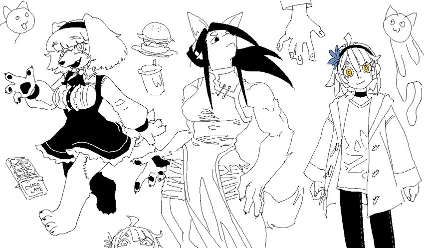 accessory anthro asian_clothing burger chinese_clothing clothing dress east_asian_clothing female food group hair_accessory hairband trio cerebropodrido krea canid canine canis domestic_dog human mammal wolf 2023 sketch