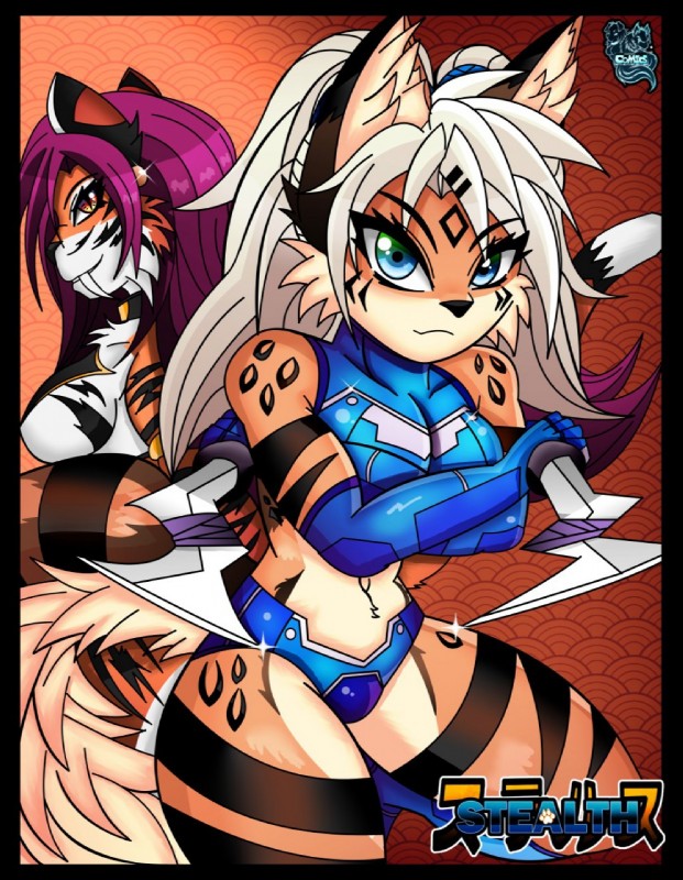 abstract_background anthro black_stripes blue_eyes clothed clothing countershading duo fangs female fur hair inner_ear_fluff long_hair midriff multicolored_body multicolored_fur orange_body orange_fur pink_hair red_eyes sabertooth_(anatomy) stripes tan_body tan_fur teeth tuft white_body white_fur white_hair darkfang100 darkfangcomics stealth_the_series nilana_the_lynx zara_the_sabortooth_cat felid feline lynx mammal prehistoric_species saber-toothed_tiger hi_res