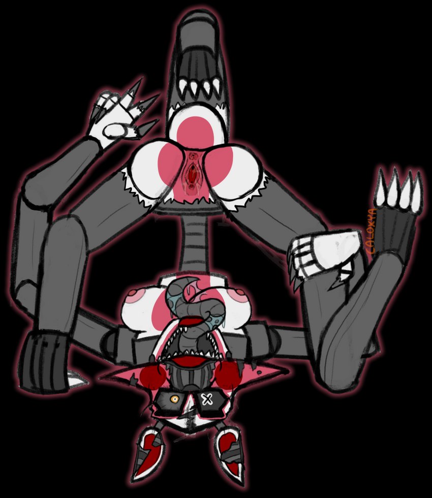 3_feet 3_legs anthro anus bodily_fluids breasts butt endoskeleton female fingers genital_fluids genitals long_tongue looking_at_viewer machine multi_leg multi_limb presenting presenting_pussy pussy saliva saliva_string solo tongue upside_down vaginal_fluids caloxya five_nights_at_freddy's five_nights_at_freddy's_4 scottgames nightmare_mangle_(fnaf) animatronic canid canine fox mammal robot 2023 alpha_channel digital_media_(artwork)