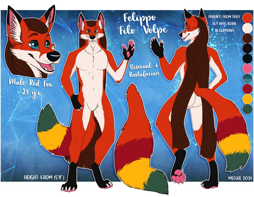 anthro butt digitigrade dreadlocks featureless_crotch fur inner_ear_fluff male markings multicolored_body multicolored_fur paws rastafarian solo tail tail_markings text tuft meoxie canid canine fox mammal absurd_res english_text hi_res model_sheet