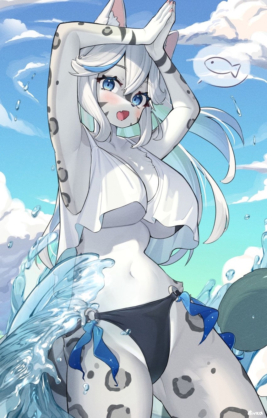 anthro bangs big_breasts black_clothing black_panties black_underwear blue_eyes blue_highlights blush breasts clothing cloud crop_top crop_top_overhang cute_fangs day fangs female fingers fur grey_body grey_fur hair hands_together highlights_(coloring) inner_ear_fluff kemono long_hair looking_at_viewer loose_top markings midriff nails navel o-ring_bikini_bottom outside panties partially_submerged raised_arms shirt speech_bubble spots spotted_body spotted_fur standing tail teeth text topwear tuft under_boob underwear water wave white_clothing white_hair white_topwear etivka felid fish leopard mammal marine pantherine 2024 artist_name digital_media_(artwork) hi_res portrait three-quarter_portrait