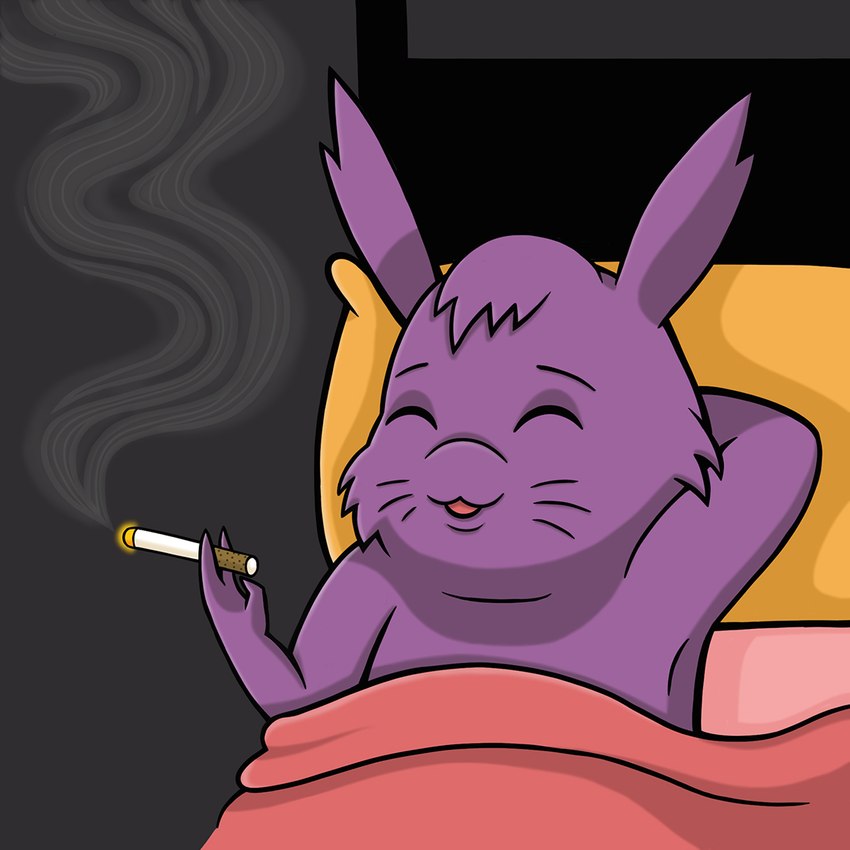 bed bedding biped blanket cigarette covering eyes_closed feral fur furniture hair hand_behind_back happy lying lying_on_bed male mature_feral nude on_back on_bed open_mouth pillow pose purple_body purple_fur relaxing simple_background slightly_chubby smile smoke smoking anonymous_artist kappa_mikey guano_(kappa_mikey) ambiguous_species mammal unknown_species 1:1