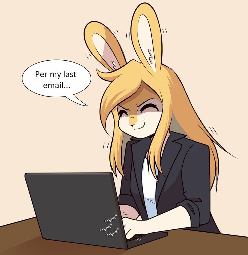 anthro blonde_hair breasts brown_table clothed clothing computer electronics eyes_closed female formal_clothing fully_clothed fur furniture hair laptop long_hair rabbit_ears simple_background solo speech_bubble table topwear typing white_body white_fur yellow_body yellow_fur magicalbun sunny_(magicalbun) lagomorph leporid mammal rabbit hi_res