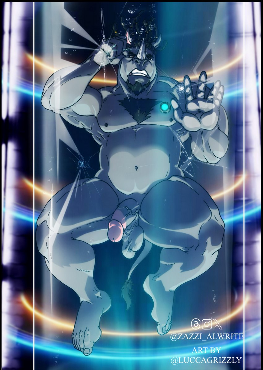 air_bubble angry anthro asphyxiation balls belly biceps body_hair breaking_glass chest_hair cracked_glass drowning facial_hair feet fist flaccid genitals glass_tube goatee male musclegut muscular navel nipples nude pecs penis pod slightly_chubby solo struggling triceps vein veiny_penis joaobear luccagrizzly mammal rhinoceros 2024 hi_res