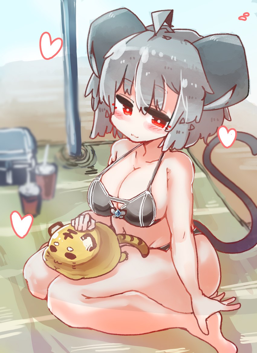 ahoge beach big_breasts bikini blush breasts cleavage clothed clothing female grey_hair hair heart_symbol navel petting plushie red_eyes seaside short_hair sitting smile solo swimwear towel two-piece_swimsuit sabitare touhou nazrin shou_toramaru animal_humanoid humanoid mammal mammal_humanoid mouse_humanoid murid murid_humanoid murine murine_humanoid rodent rodent_humanoid absurd_res hi_res