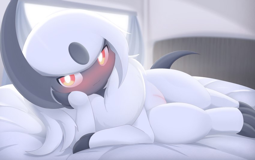 bed blush female feral furniture genitals looking_at_viewer lying on_bed pussy red_eyes solo white_body rael nintendo pokemon absol generation_3_pokemon pokemon_(species) hi_res