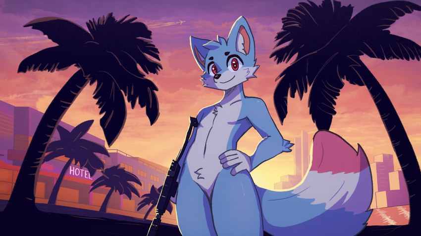 aircraft airplane anthro blue_body blue_fur blue_hair building cinematic detailed_background dipstick_tail fluffy fur gun hair hotel male markings palm_tree pink_eyes pink_tail_tip plant poster ranged_weapon skyscraper solo submachine_gun sunset tail tail_markings tree uzi vehicle weapon alexumka noxyuwu grand_theft_auto grand_theft_auto:_vice_city rockstar_games umkashka canid canine canis domestic_cat domestic_dog felid feline felis fox mammal 16:9 cool_colors hi_res portrait wallpaper widescreen