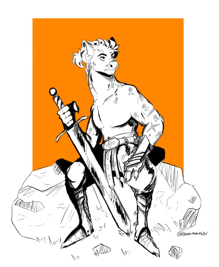 anthro armor armored_boots armored_gloves barbarian belt boots bottomwear clothed clothing footwear fur gauntlets gloves handwear holding_melee_weapon holding_object holding_weapon male markings melee_weapon notched_ear pants rock scar shoes simple_background sitting solo spots spotted_body spotted_fur sword topless topless_anthro topless_male weapon hyenamancer gnoll hyena mammal spotted_hyena digital_media_(artwork) hi_res