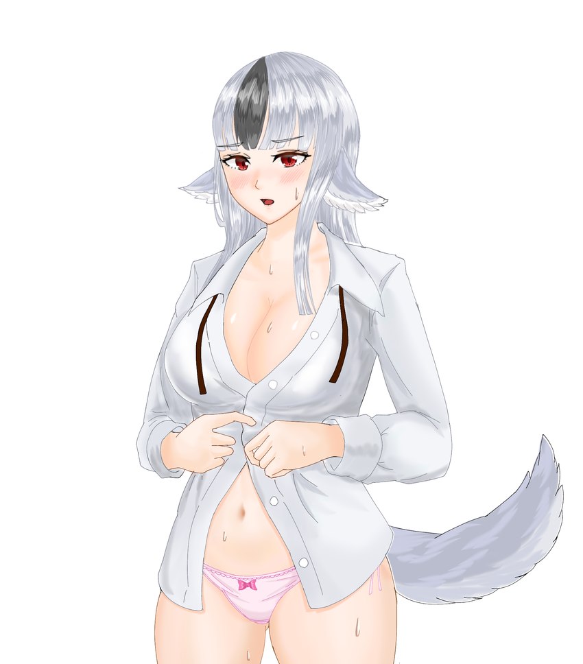 animal_ears animal_tail big_breasts black_highlights blush blush_lines bodily_fluids breasts caught cleavage clothed clothing dressing ears_down eyelashes female front_view fur grey_body grey_fur grey_hair hair highlights_(coloring) long_hair looking_at_viewer navel open_mouth panties pink_clothing pink_panties pink_underwear pivoted_ears red_eyes simple_background solo sweat sweatdrop tan_body tan_skin thick_thighs topwear underwear white_background white_clothing white_topwear wide_hips cat_neko_cat1 fire_emblem fire_emblem_fates nintendo velouria animal_humanoid canid canid_humanoid canine canine_humanoid humanoid mammal mammal_humanoid wolf_humanoid hi_res