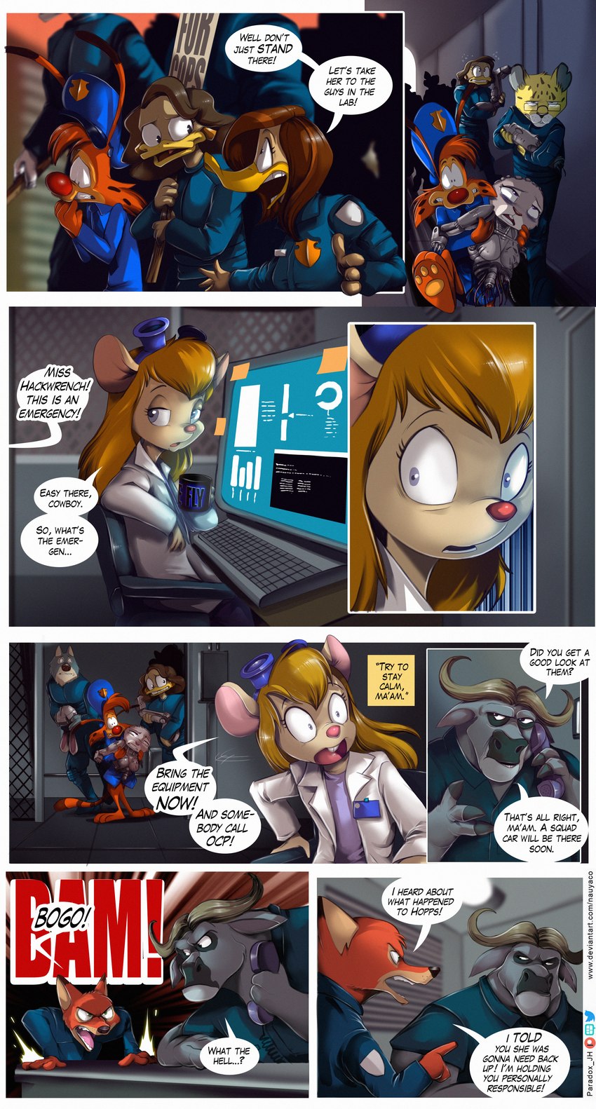 anthro clothing coat computer cybernetics dialogue electronics female lab_coat machine male police police_officer police_uniform speech_bubble text topwear uniform nauyaco aggretsuko bonkers_(series) chip_'n_dale_rescue_rangers disney ducktales ducktales_(2017) robocop_(franchise) sanrio the_looney_tunes_show warner_brothers zootopia bonkers_d._bobcat chief_bogo gadget_hackwrench hyoudou judy_hopps maria_antonia_magdalena_aldonsa_cabrera nick_wilde tina_russo anatid anseriform avian bird bobcat bovid bovine canid canine canis cape_buffalo cyborg duck felid feline fox lagomorph leporid lynx mammal mouse murid murine rabbit red_fox rodent true_fox wolf 2022 absurd_res comic english_text hi_res