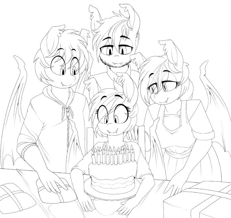 birthday birthday_cake cake clothing dessert family fangs female food group male teeth replica_(artist) hasbro my_little_pony fan_character nectarine_wynne nightseeker_(oc) nolegs_(oc) vigil_(oc) bat_pony equid mammal 2017 hi_res monochrome