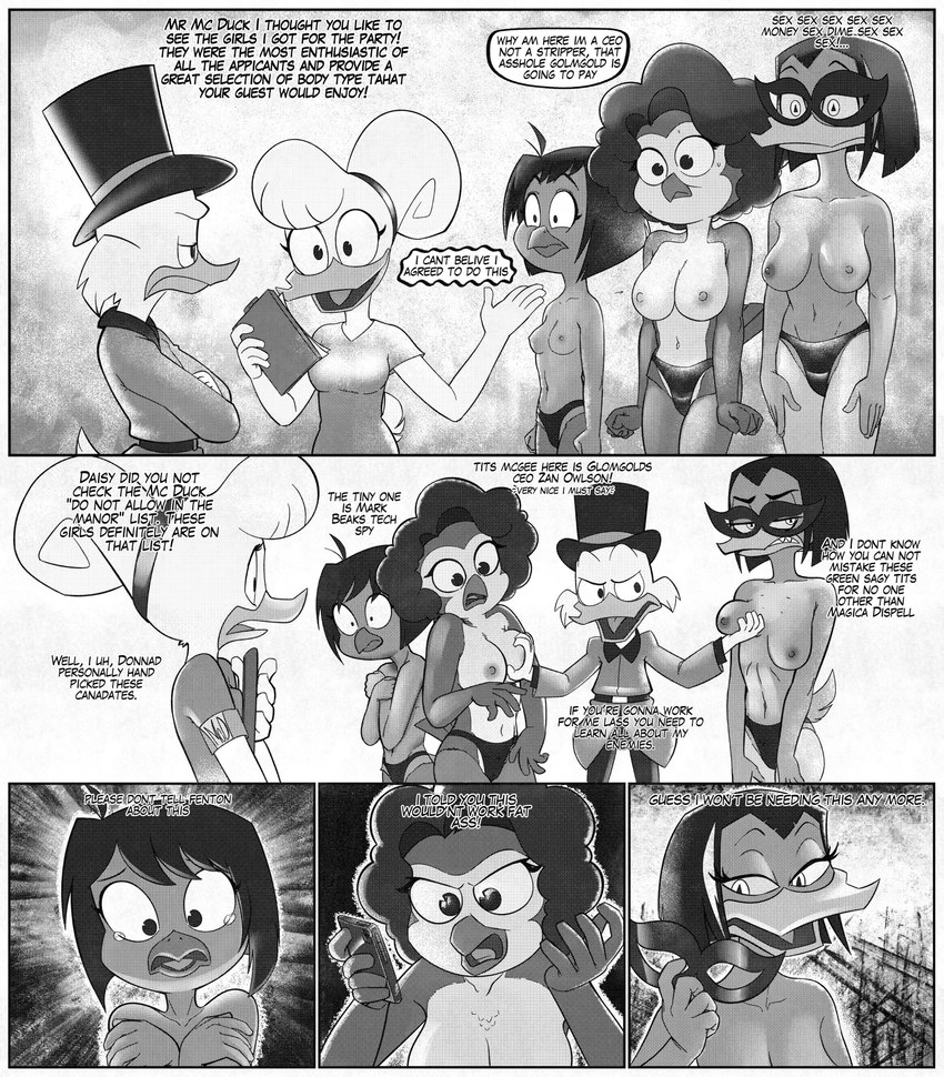 angry annoyed anthro bodily_fluids breast_grab breasts clothed clothing dialogue female group hand_on_breast male mask nipples panties panties_only profanity sad small_breasts speech_bubble sweat tears text topless underwear underwear_only drockdraw disney ducktales ducktales_(2017) daisy_duck gandra_dee magica_de_spell scrooge_mcduck zan_owlson anatid anseriform avian bird duck owl absurd_res comic english_text hi_res monochrome