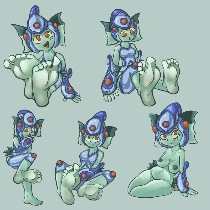 barefoot breasts feet female foot_focus looking_at_viewer nipples nude soles solo maskedcube bandai_namco digimon digimon_(species) humanoid ranamon 1:1 absurd_res hi_res