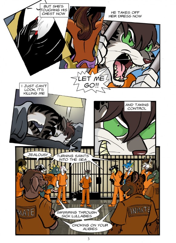 anthro green_eyes inmates_clothing lyrics male orange_jumpsuit prison stripes tail text roz_gibson jack_(webcomic) mr._brightside the_killers drip_(jack) jack_salem canid canine domestic_cat domestic_pig felid feline felis fox gulonine lion mammal marten mustelid musteline pantherine sable_(marten) scalie suid suine sus_(pig) 2010 comic english_text hi_res